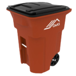 Red OAKS trash can with black lid and wheel