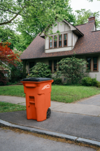 An orange trash can on a residential street. The can is awaiting pickup.