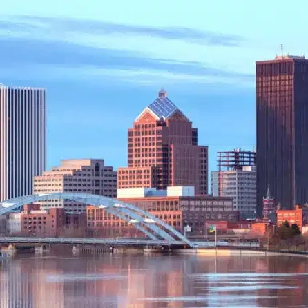 Rochester New York city skyline with river