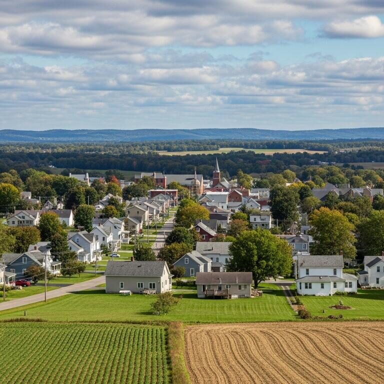 A small town with houses and fields. Green and brown fields.
