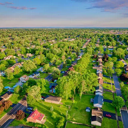 Suburban neighborhood with many houses and green trees. Aerial view of residential area with lush greenery.